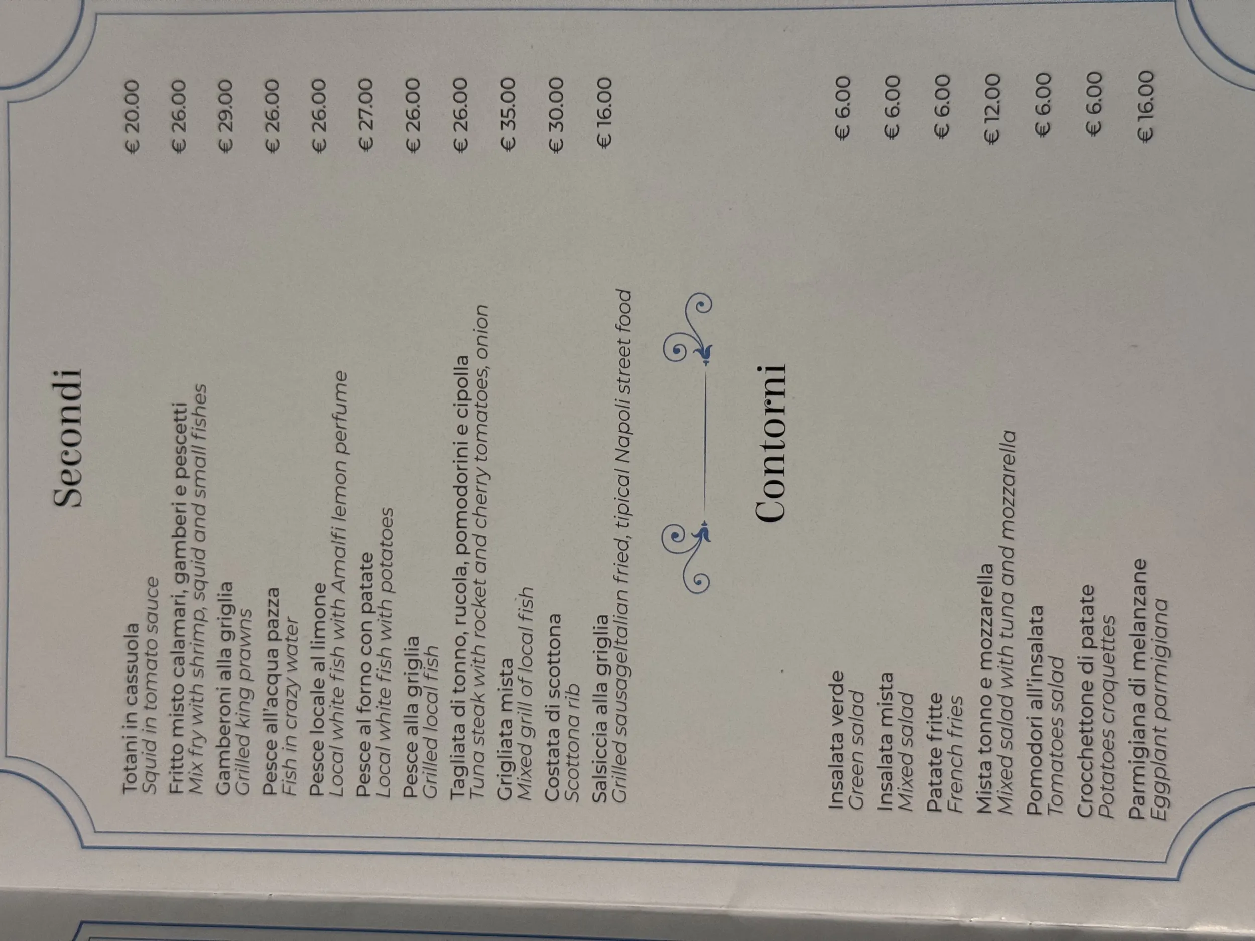 Menu cartaceo: Secondi e Contorni
