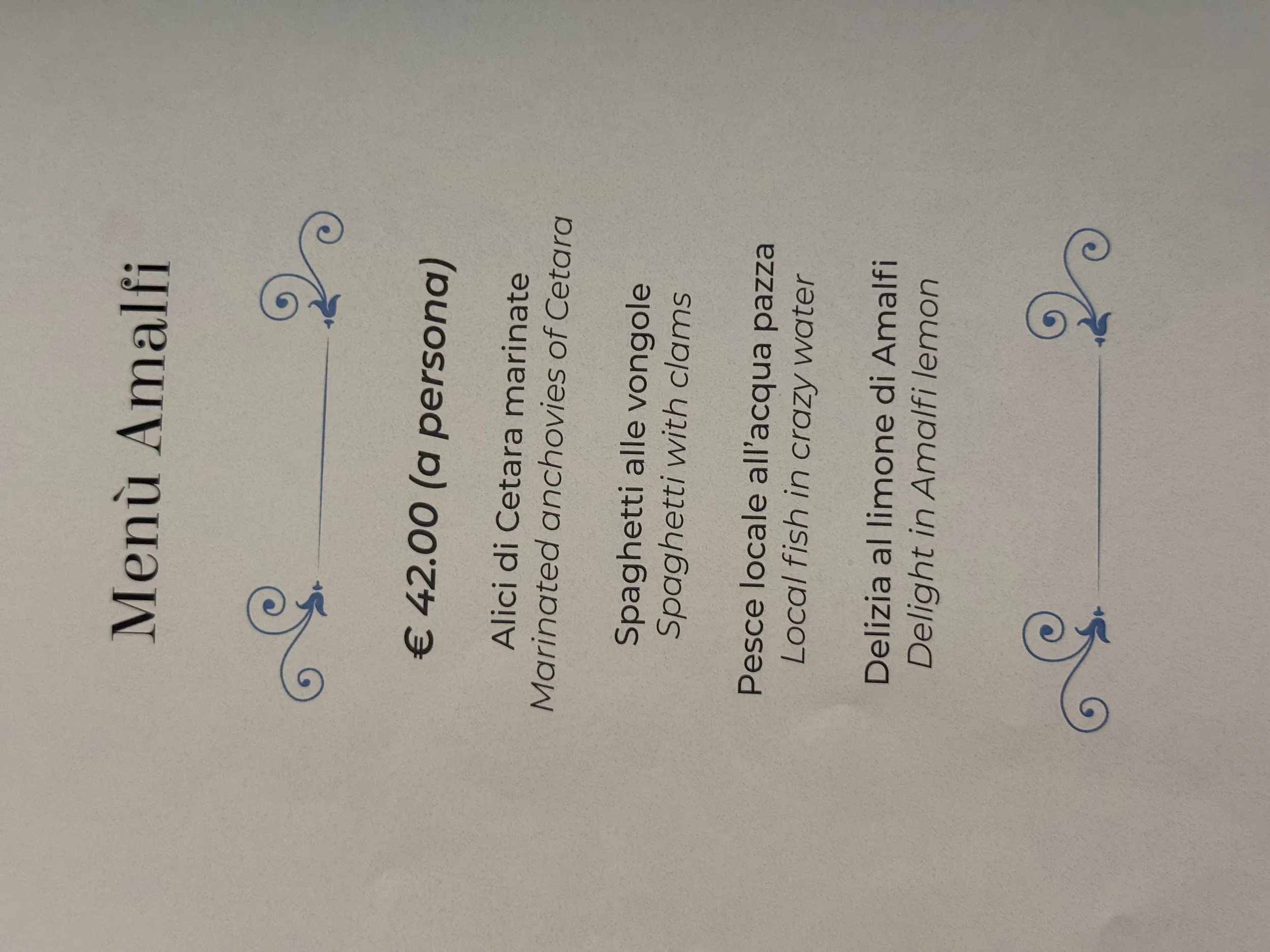 Menu cartaceo: Menu Amalfi