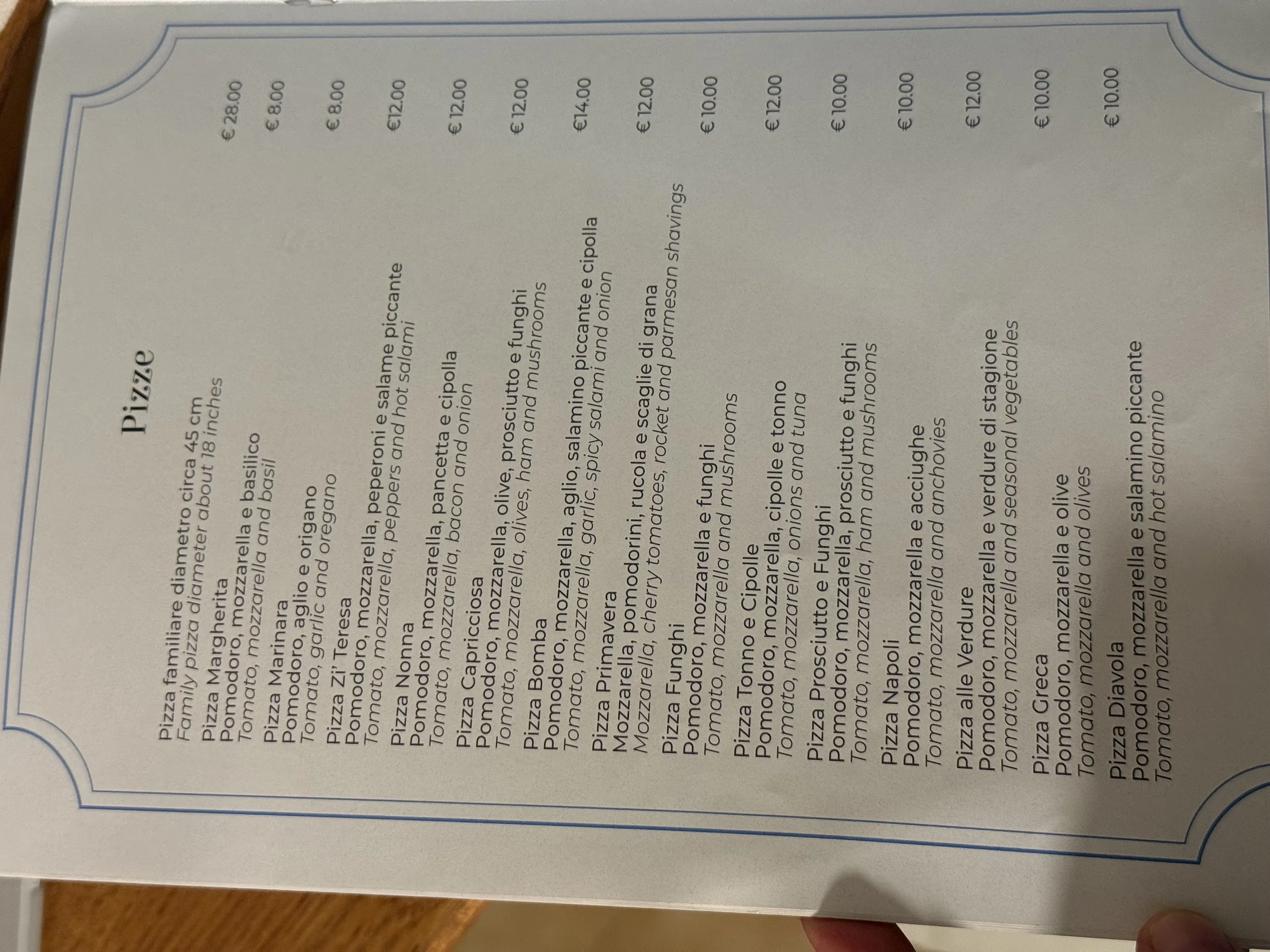 Menu cartaceo: Pizze